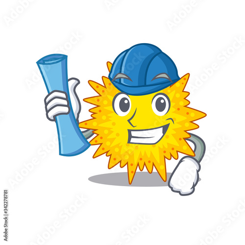 Cartoon character of mycoplasma brainy Architect with blue prints and blue helmet