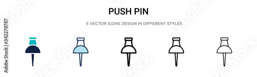 Push pin icon in filled, thin line, outline and stroke style. Vector illustration of two colored and black push pin vector icons designs can be used for mobile, ui, web