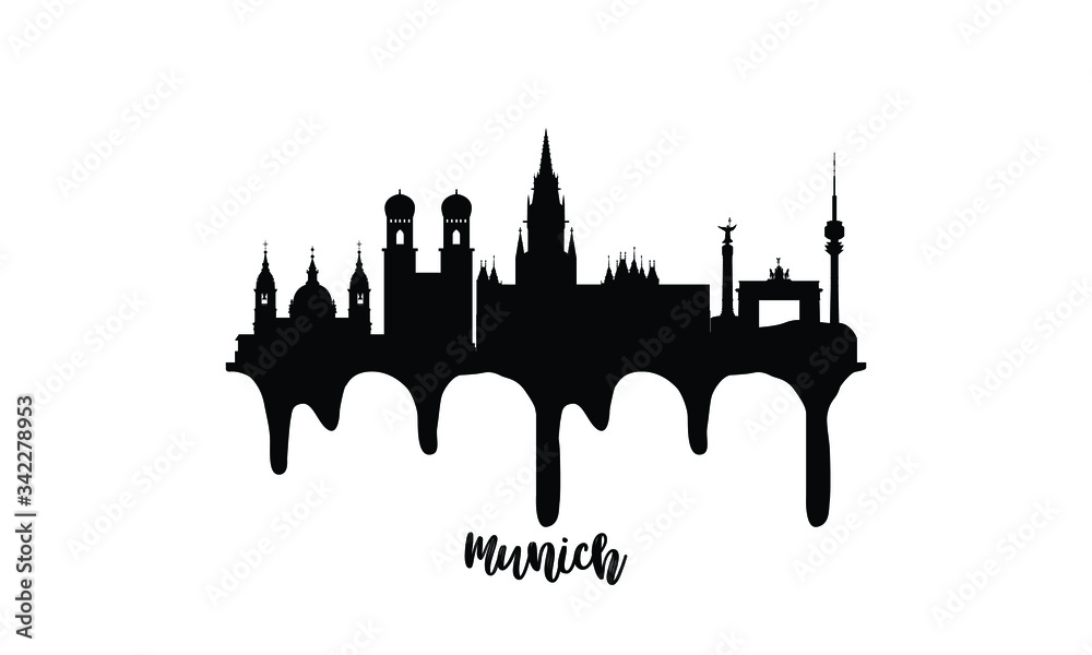 Munich Germany black skyline silhouette vector illustration on white background with dripping ink effect.