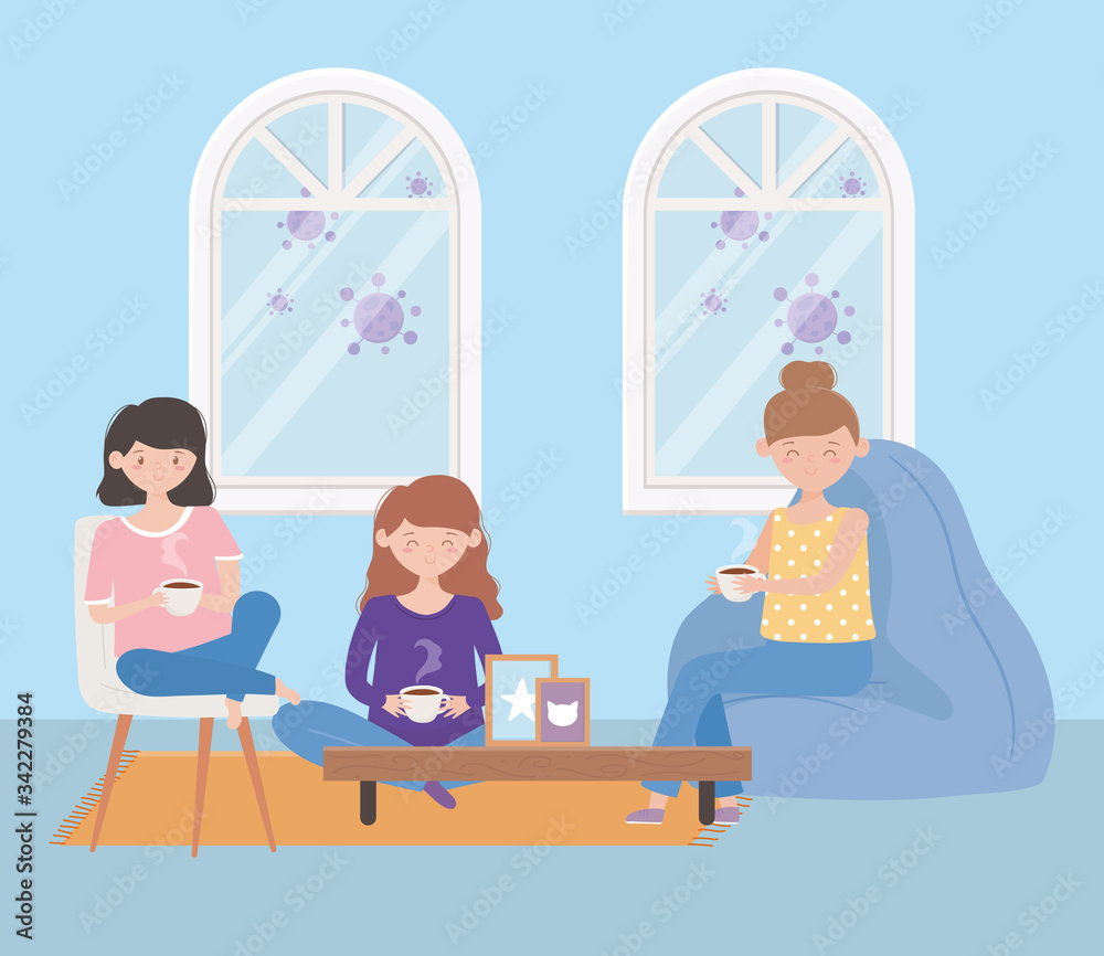 stay at home, group women coffee in the living room