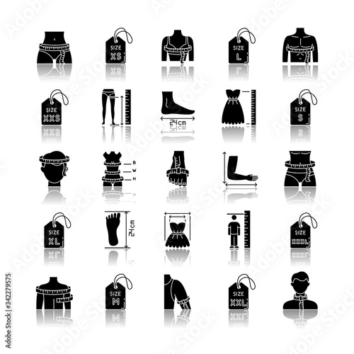 Clothing sizes drop shadow black glyph icons set. Human body measurements. Female and male dimensions and proportions parameters for apparel. Isolated vector illustrations on white space.
