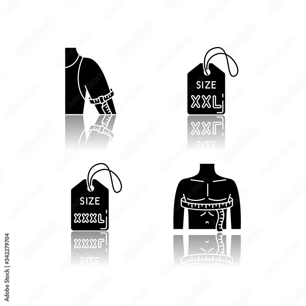 Male size labels and measurements drop shadow black glyph icons set