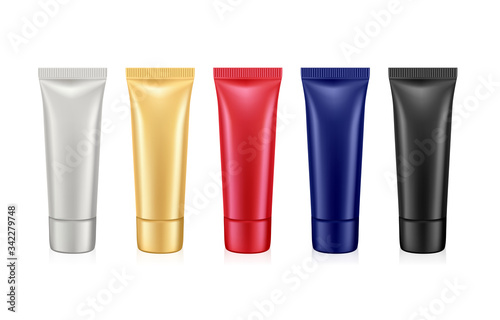 Set of cosmetic tubes silver, red,gold and black, blank for cream, toothpaste, packaging for lotion. Vector.