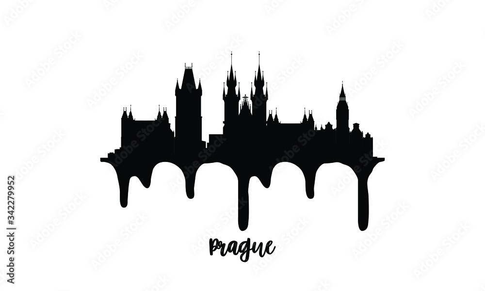 Prague Czechia black skyline silhouette vector illustration on white background with dripping ink effect.