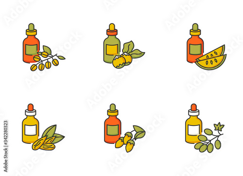 Hair oils RGB color icons set. Natural jojoba beauty product. Kalahari melon seed essence in glass jar. Grape seed extract in container package. Almond ingredient. Isolated vector illustrations.