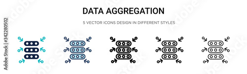 Data aggregation icon in filled, thin line, outline and stroke style. Vector illustration of two colored and black data aggregation vector icons designs can be used for mobile, ui, web