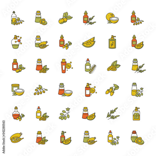 Hair oils RGB color icons set. Avocado natural essence. Exotic baobab extract for haircare. Jojoba oil. Antistatic cosmetic product. Kalahari melon seeds ingredient. Isolated vector illustrations.