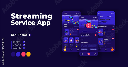 Streaming service cartoon smartphone interface vector templates set. Mobile app screen page night mode design. Video blogging platform UI for application. Phone display with flat character.