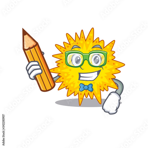 A brainy student mycoplasma cartoon character with pencil and glasses