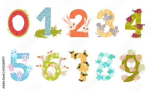 Numbers in Childish Style with Animals and Insects Attached to Each Numeral Vector Set