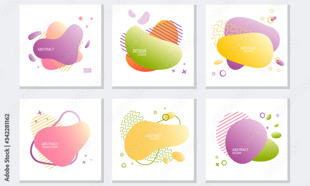 Cards with Abstract Dynamical Colored Forms and Line. Gradient Abstract Banners with Flowing Liquid Shapes Vector Set