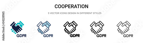 Cooperation icon in filled, thin line, outline and stroke style. Vector illustration of two colored and black cooperation vector icons designs can be used for mobile, ui, web