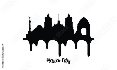 Mexico City black skyline silhouette vector illustration on white background with dripping ink effect.