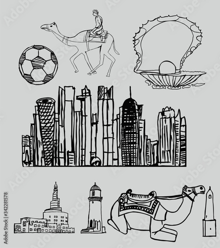 Doha Qatar camels and city graphic design vector art
