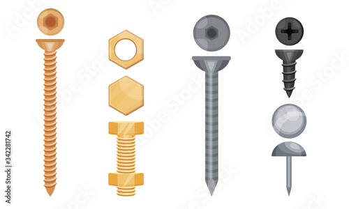 Metal Screws with Steel Bolts and Nails Vector Set