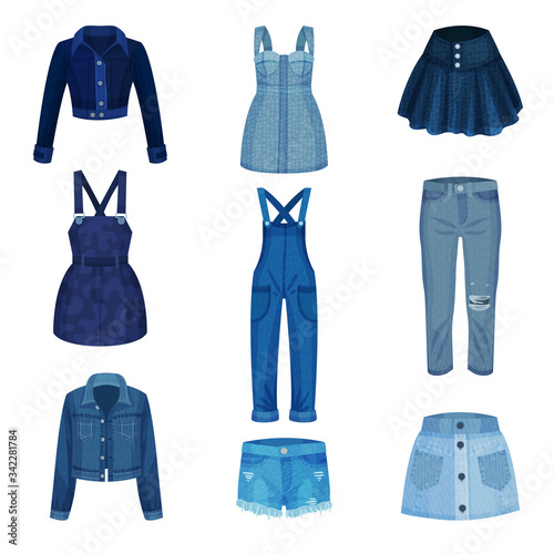 Denim Blue Clothing Items as Womenswear with Denim Jacket and Jeans Vector Set