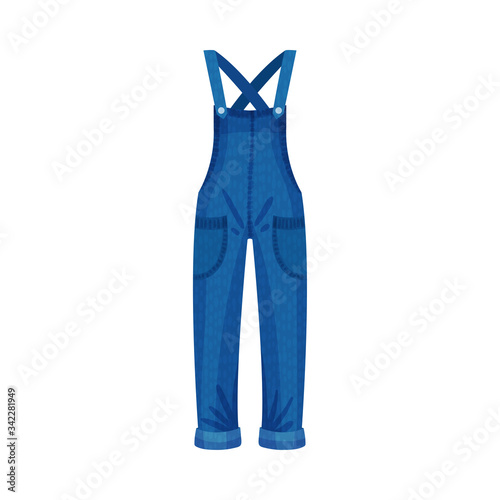 Denim Blue Overall or Jumpsuit with Shoulder Straps and Side Pockets as Womenswear Vector Illustration