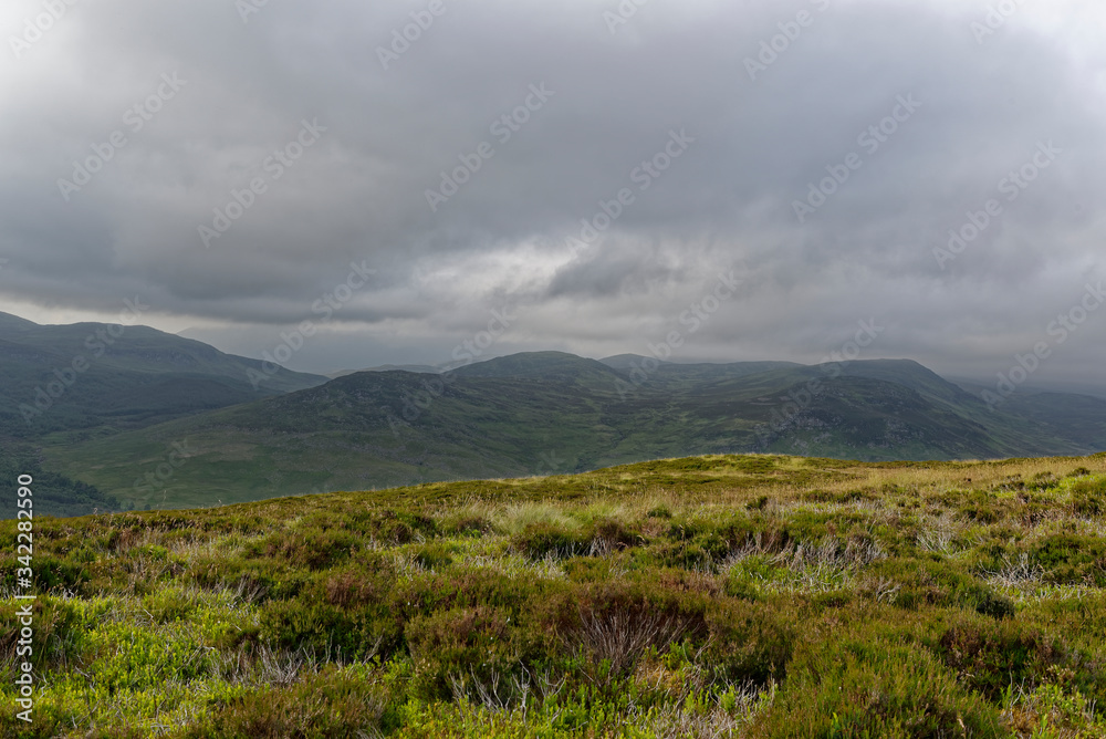 Looking from Dalnacarn Craig near to Pitlochry, over Glen Brerachan and the peaks of the lower Scottish Highlands in Perthshire.