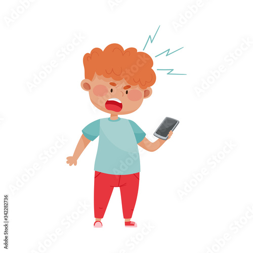 Red Haired Boy Holding Smartphone and Screaming Out Loud Vector Illustration