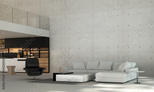 Modern tropical white living room interioir design and double space area and concrete wall background and sea view