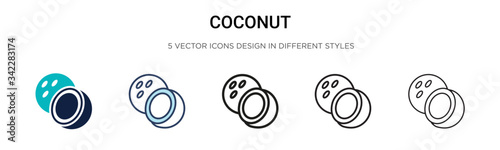 Coconut icon in filled, thin line, outline and stroke style. Vector illustration of two colored and black coconut vector icons designs can be used for mobile, ui, web