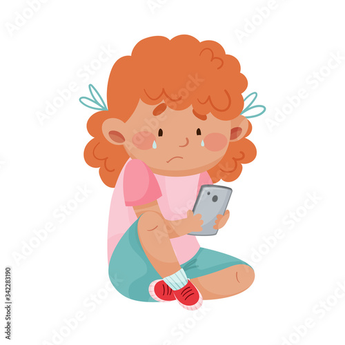 Little Girl Sitting with Smartphone Feeling Unhappy Vector Illustration
