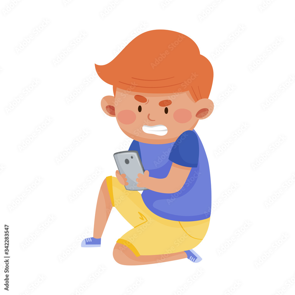 Little Angry Boy Sitting and Holding Smartphone Vector Illustration