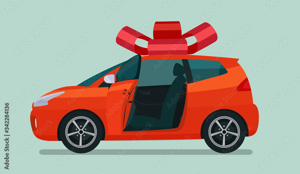 New compact hatchback car as a gift. Vector flat style illustration.