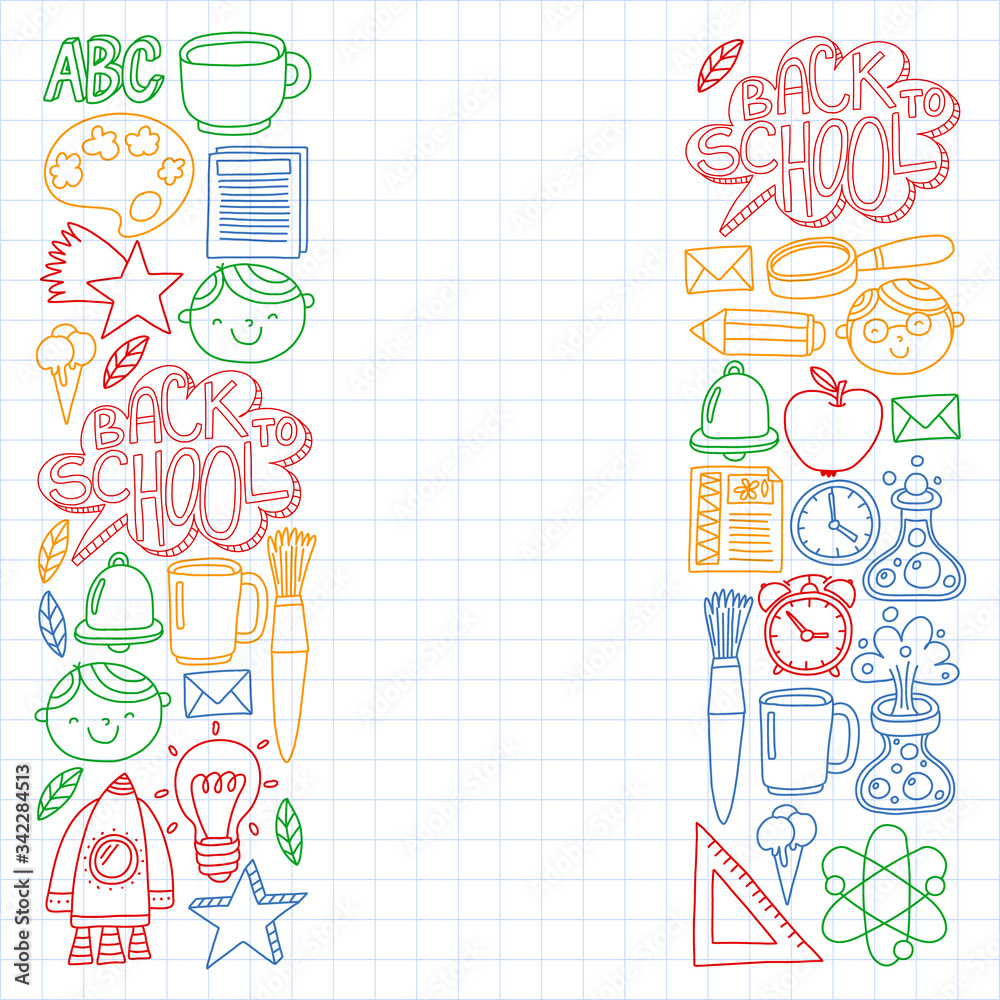 Back to school icons for posters, banners, covers. Kids, children education. Internet lessons, e-learning, online course. Vector pattern. Back to school icons for posters, banners, covers. Kids, children education. Internet lessons, e-learning, online course. Vector pattern.