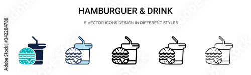 Hamburguer & drink icon in filled, thin line, outline and stroke style. Vector illustration of two colored and black hamburguer & drink vector icons designs can be used for mobile, ui, web
