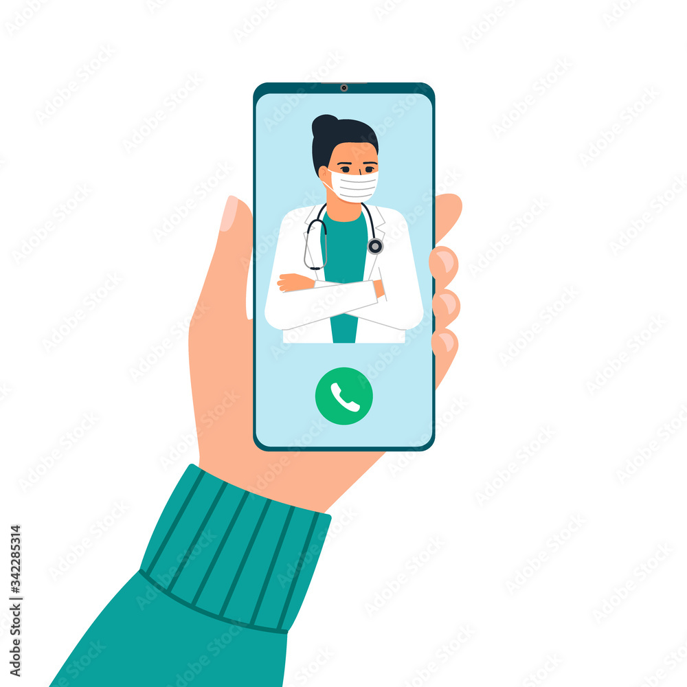 Hand holding phone with woman doctor on call and an online consultation. Smartphone screen with therapist. Ask doctor. Online medical advise, consultation service. Vector flat illustration.