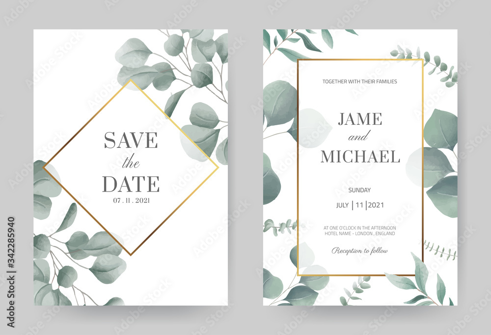 Watercolor eucalyptus wedding invitation card with gold frame. Beautiful  white card background. Set card template. Stock Vector | Adobe Stock