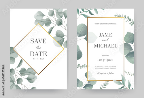 Watercolor eucalyptus wedding invitation card with gold frame. Beautiful white card background. Set card template.