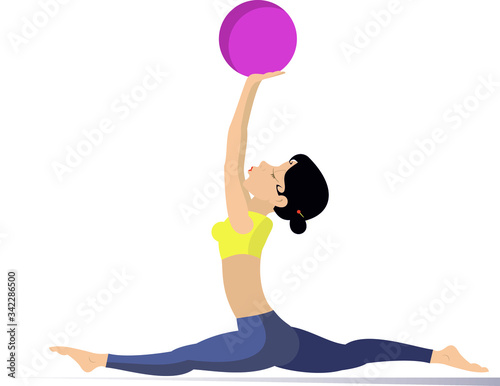 Young woman does exercises with the ball illustration. Young woman with lithe figure doing sport exercise with the ball isolated on white
