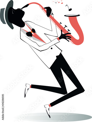 Afro-American saxophonist illustration. Afro-American saxophonist is playing music with great inspiration isolated on white
