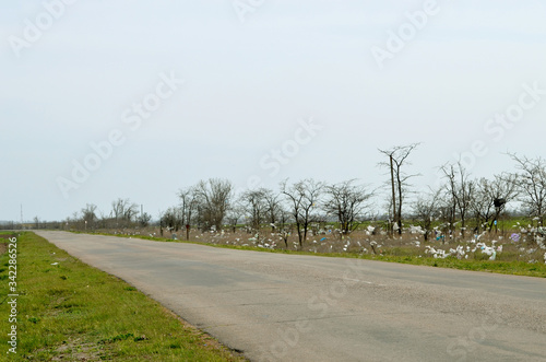 Environmental pollution, trees full of  packages , Ukraine