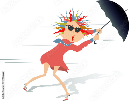 Strong wind and woman with umbrella illustration. Pretty young woman in sunglasses stays on the strong wind isolated on white

