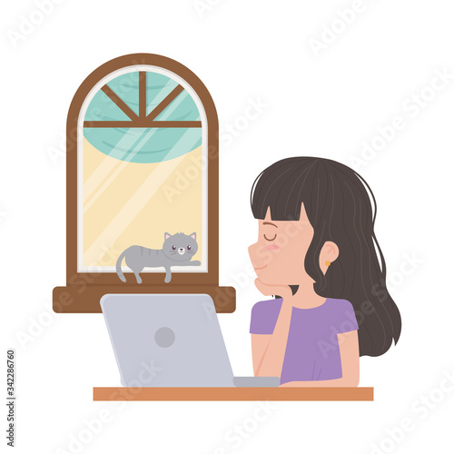 stay at home, woman with laptop and cat resting in window