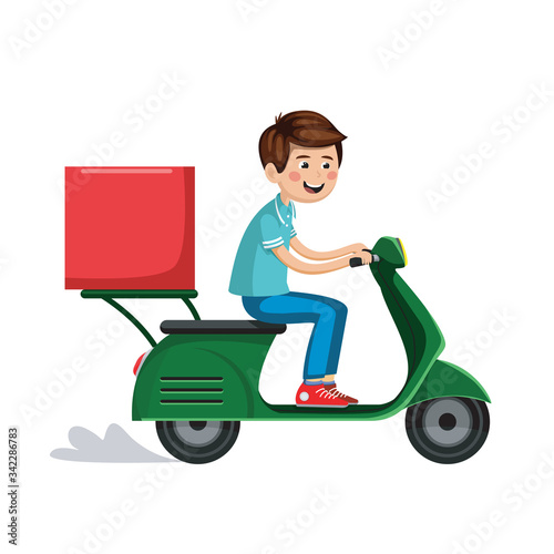 boy on a bike from the delivery service goes to deliver an order, it can be food, food or any other product