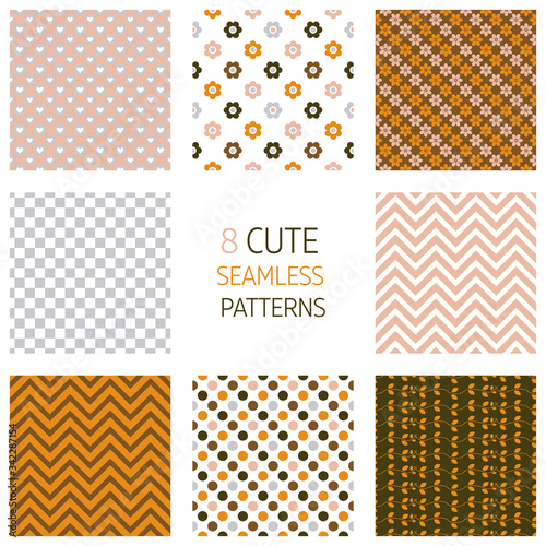 Set of 8 cute seamless patterns.Flowers, zigzag stripes, squares, leaves, polka dots, hearts.