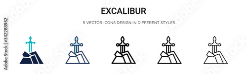 Excalibur icon in filled, thin line, outline and stroke style. Vector illustration of two colored and black excalibur vector icons designs can be used for mobile, ui, web