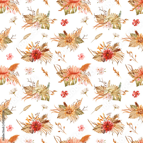 Watercolor seamless pattern with dry flower savannah bouquets on a white background. © MarinaErmakova