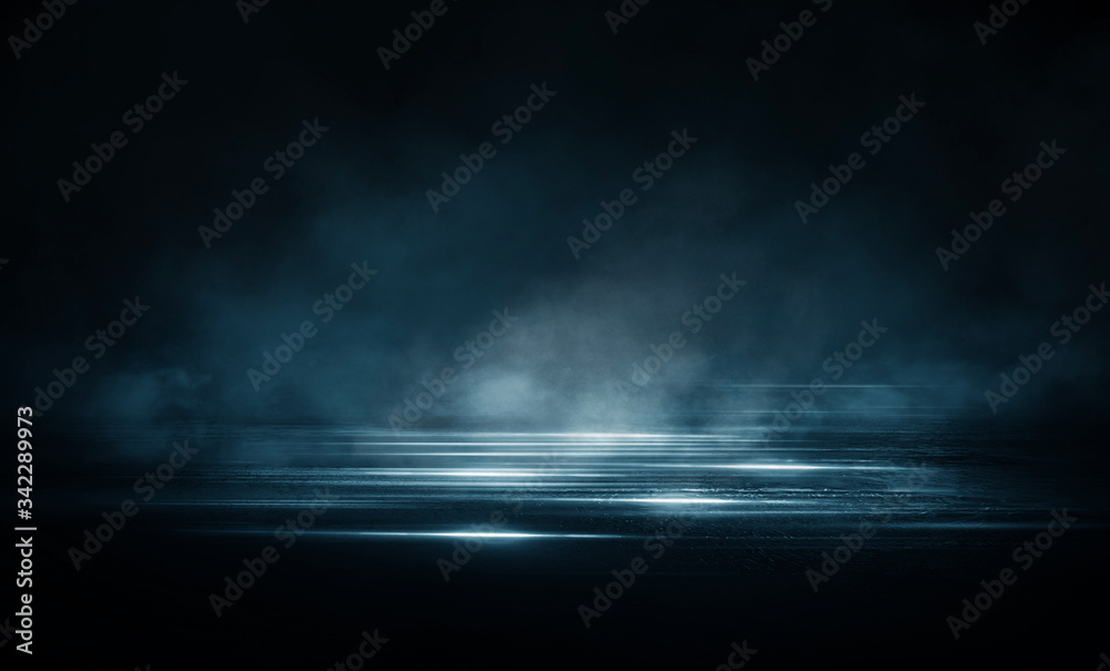 Dark street, wet asphalt, reflections of rays in the water. Abstract dark blue background, smoke, smog. Empty dark scene, neon light, spotlights. Concrete floor Dark street, wet asphalt, reflections of rays in the water. Abstract dark blue background, smoke, smog. Empty dark scene, neon light, spotlights. Concrete floor