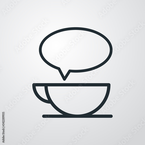 Icono plano lineal con globo de habla con taza de café en fondo gris