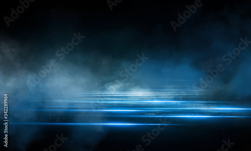 Dark street, wet asphalt, reflections of rays in the water. Abstract dark blue background, smoke, smog. Empty dark scene, neon light, spotlights. Concrete floor © MiaStendal