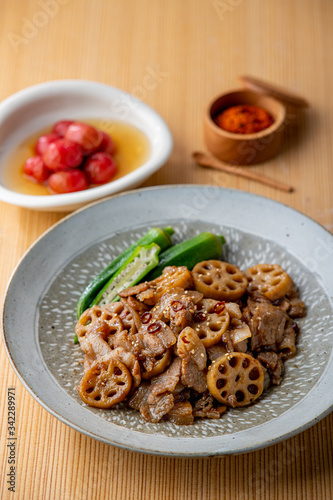 Kinpira Renkon,pork sauteed with lotus root. Delicious Japanese cuisine.