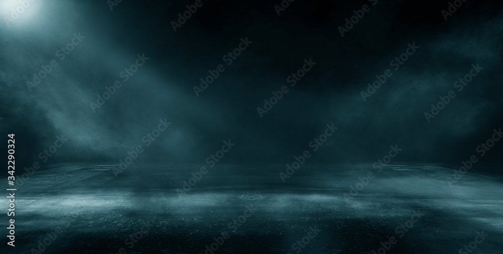 Dark street, wet asphalt, reflections of rays in the water. Abstract dark blue background, smoke, smog. Empty dark scene, neon light, spotlights. Concrete floor Dark street, wet asphalt, reflections of rays in the water. Abstract dark blue background, smoke, smog. Empty dark scene, neon light, spotlights. Concrete floor