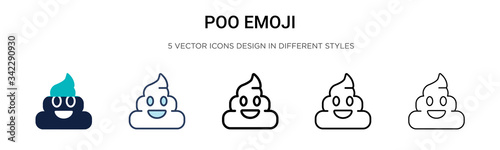 Poo emoji icon in filled, thin line, outline and stroke style. Vector illustration of two colored and black poo emoji vector icons designs can be used for mobile, ui, web