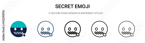 Secret emoji icon in filled, thin line, outline and stroke style. Vector illustration of two colored and black secret emoji vector icons designs can be used for mobile, ui, web