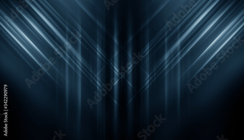 Abstract blue neon background with rays and lines. Reflection of light in the dark. Tunnel in blue neon light, underground passage. Abstract blue background. Background of an empty black corridor